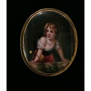 Antique Miniature Hand Painted Porcelain Portrait Pendant Brooch 19th Century
